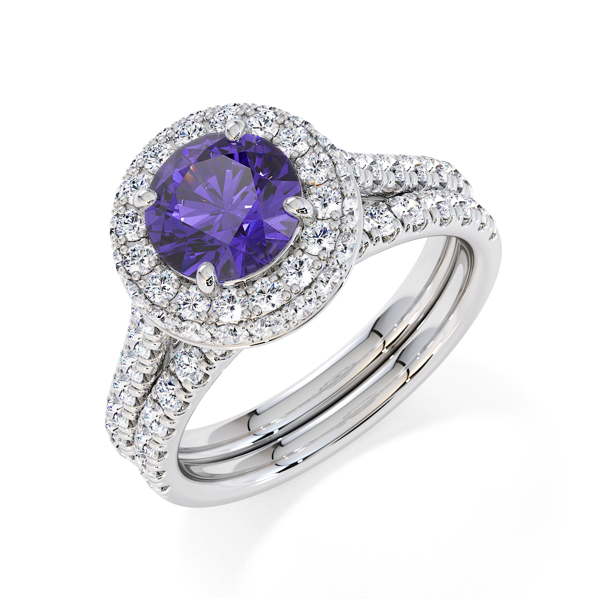 Round Lab Tanzanite and Diamond Engagement Ring in Gold / Platinum