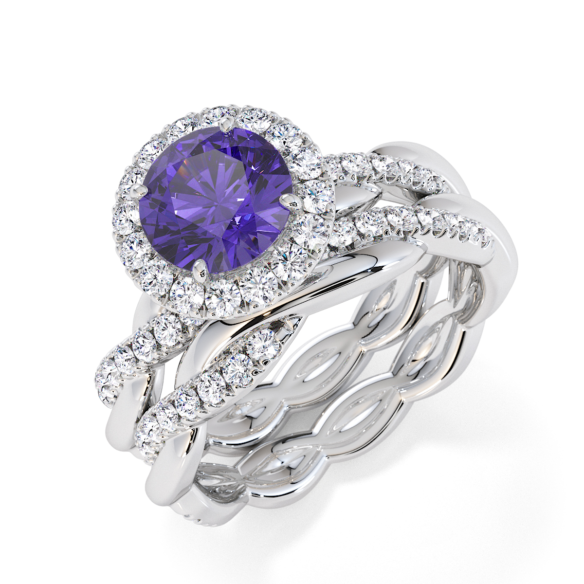 Round Lab Tanzanite and Diamond Engagement Ring in Gold / Platinum