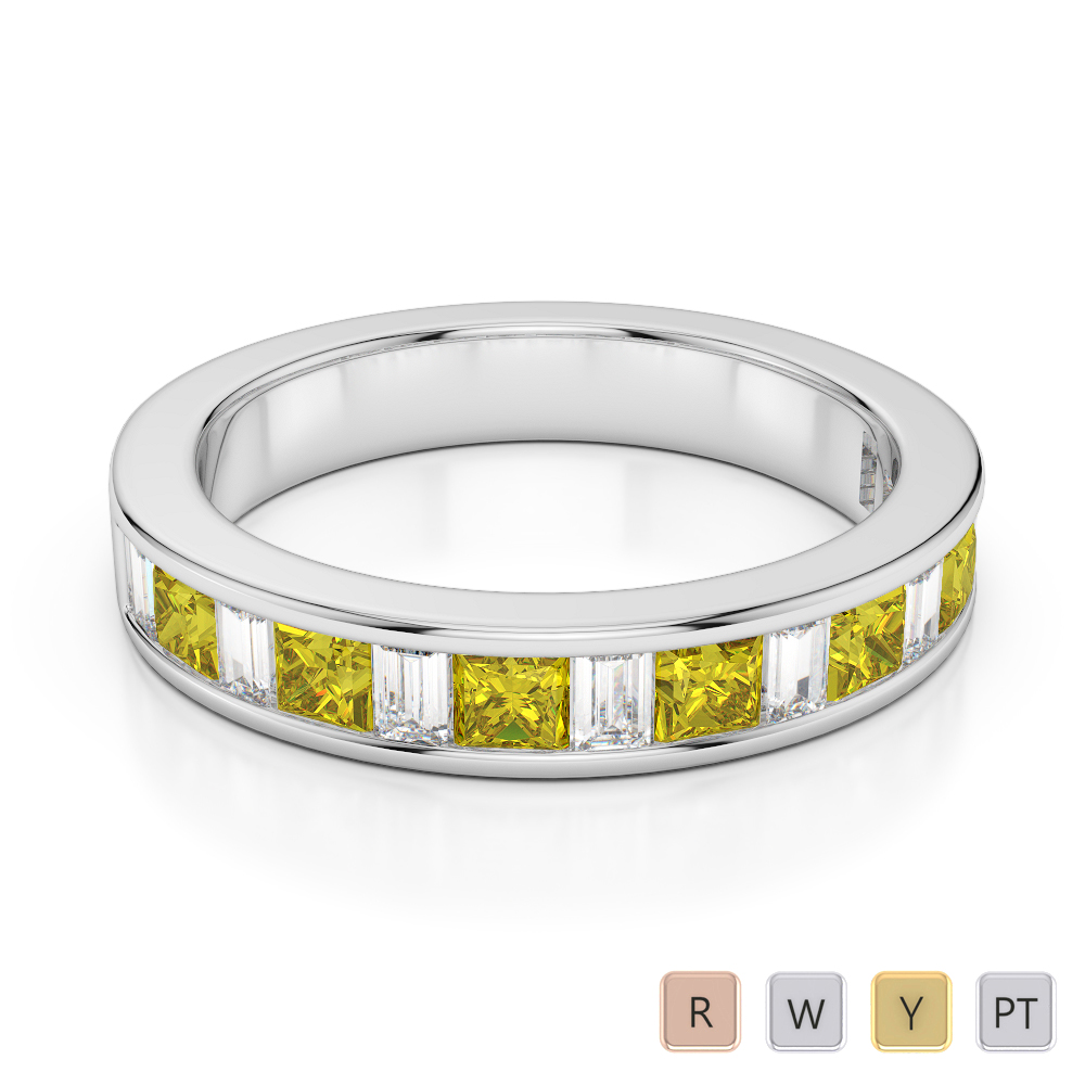 4 MM Gold / Platinum Princess and Baguette Cut Yellow Sapphire and Diamond Half Eternity Ring AGDR-1143