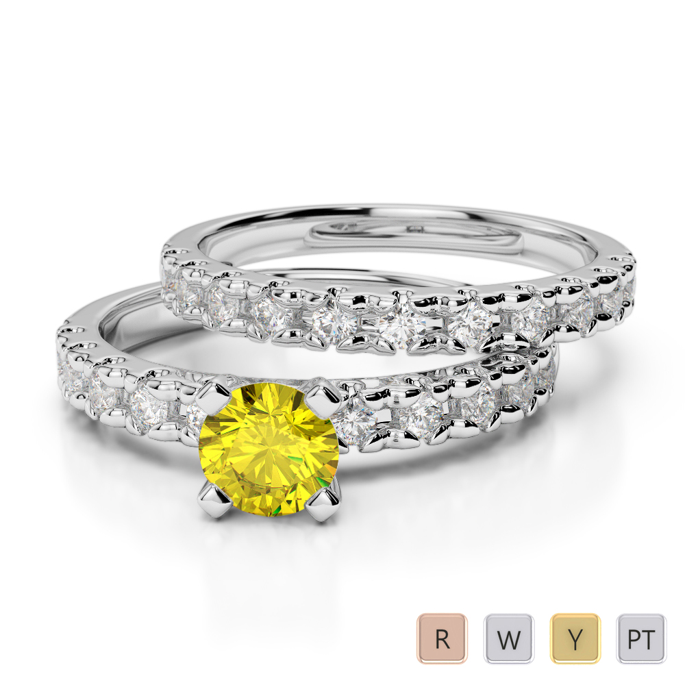 Gold / Platinum Round cut Yellow Sapphire and Diamond Bridal Set Ring AGDR-1144