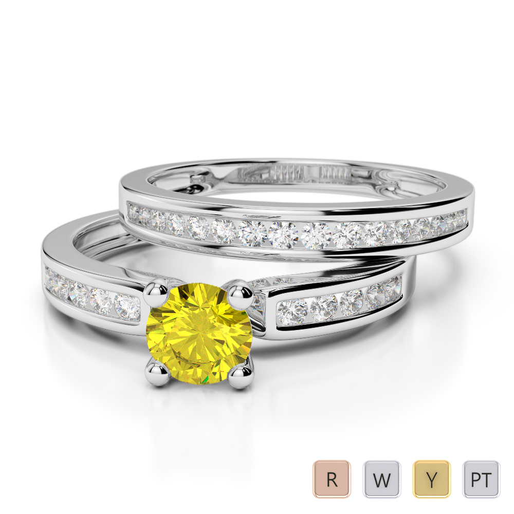 Gold / Platinum Round cut Yellow Sapphire and Diamond Bridal Set Ring AGDR-1157