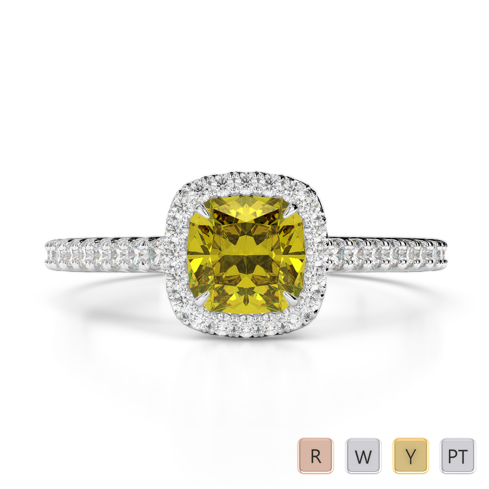 Cushion Lab Yellow Sapphire and Diamond Engagement Ring in Gold / Platinum
