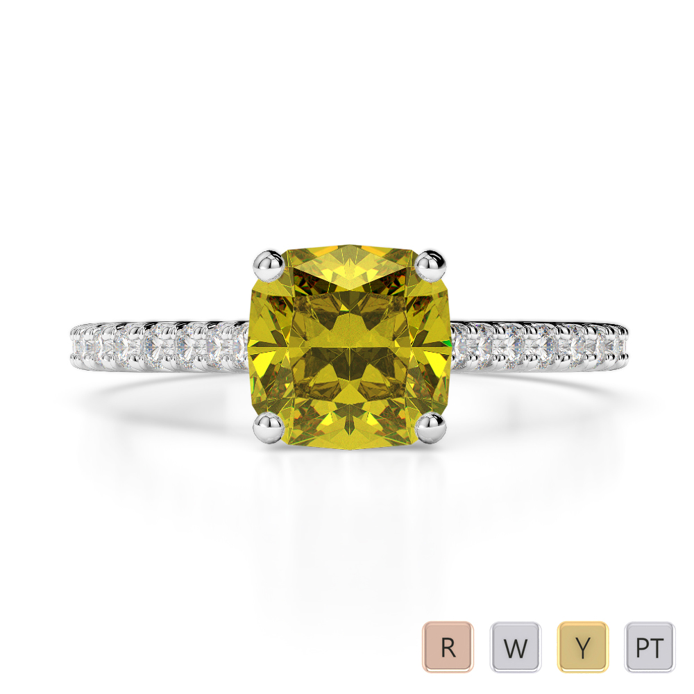 Cushion Lab Yellow Sapphire and Diamond Engagement Ring in Gold / Platinum