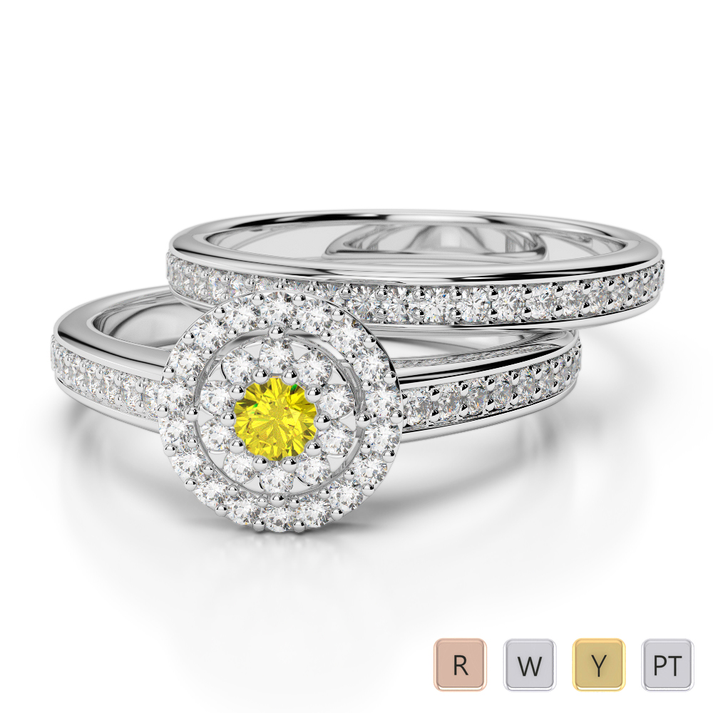 Gold / Platinum Round cut Yellow Sapphire and Diamond Bridal Set Ring AGDR-1239