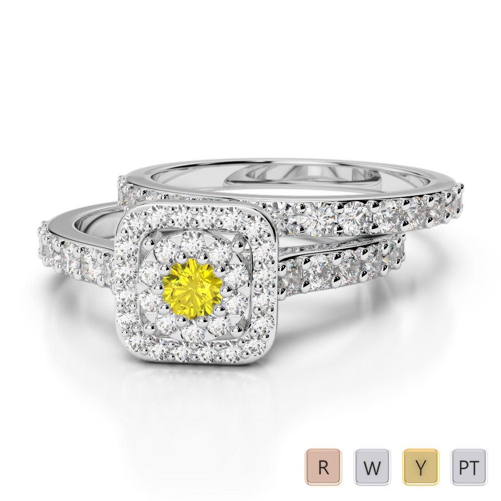 Gold / Platinum Round cut Yellow Sapphire and Diamond Bridal Set Ring AGDR-1246