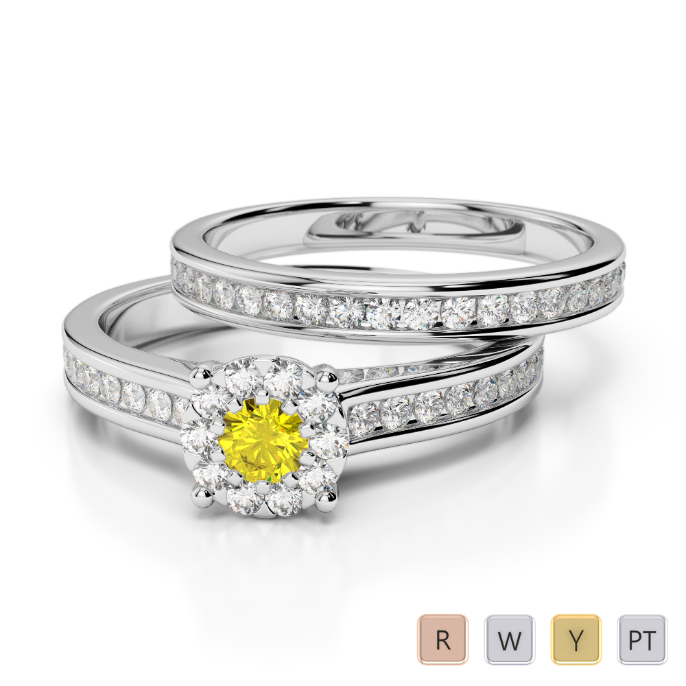 Gold / Platinum Round cut Yellow Sapphire and Diamond Bridal Set Ring AGDR-1339