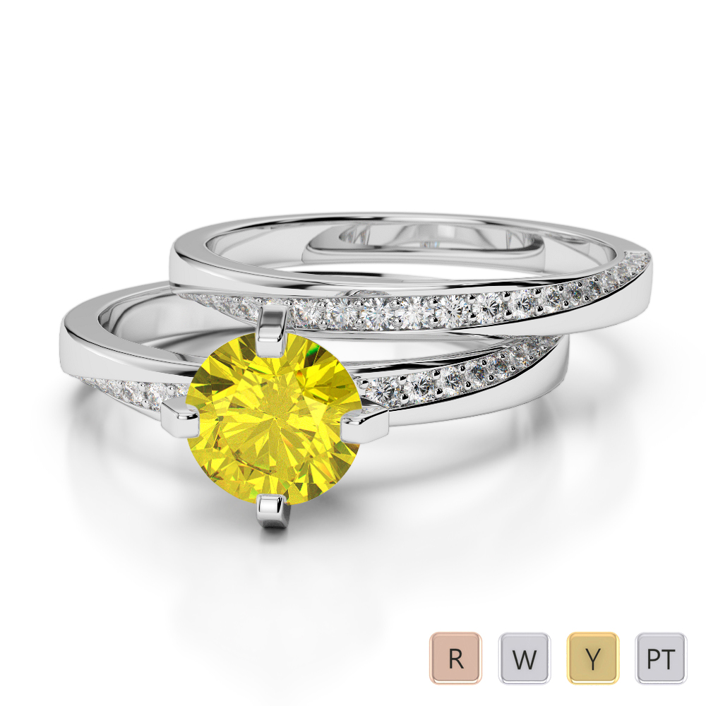 Gold / Platinum Round cut Yellow Sapphire and Diamond Bridal Set Ring AGDR-2001