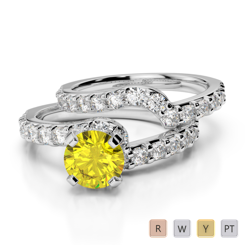 Gold / Platinum Round cut Yellow Sapphire and Diamond Bridal Set Ring AGDR-2003