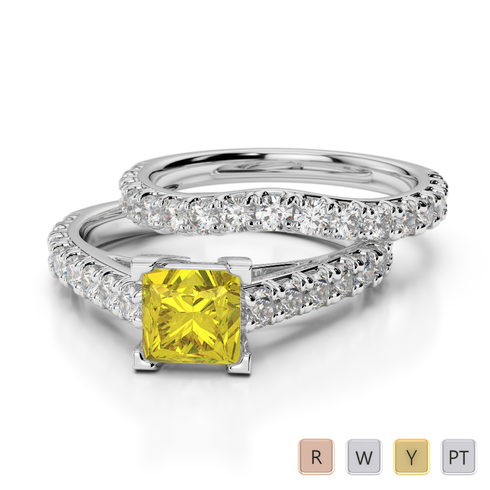 Gold / Platinum Round and Princess cut Yellow Sapphire and Diamond Bridal Set Ring AGDR-2007
