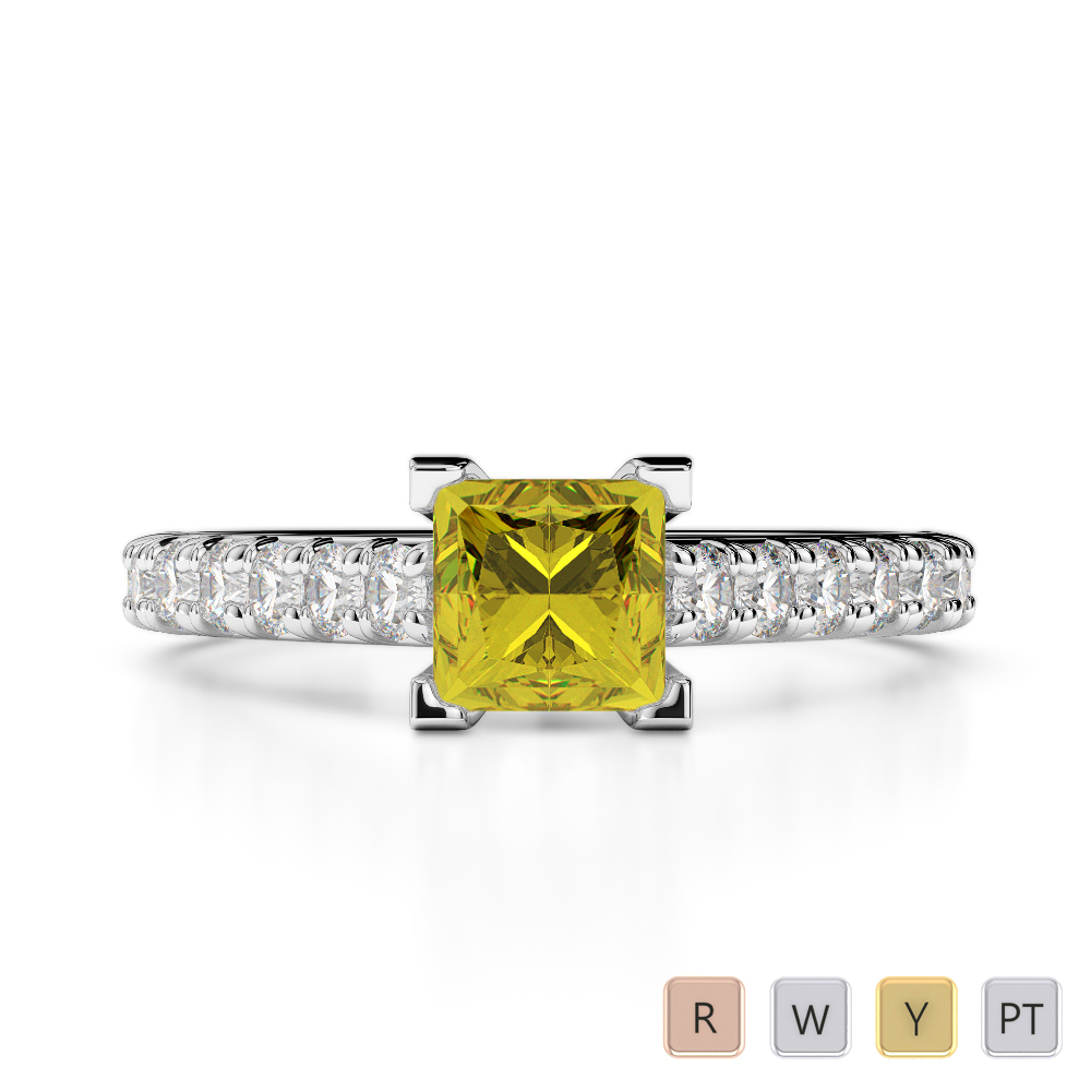 Gold / Platinum Round and Princess Cut Yellow Sapphire and Diamond Engagement Ring AGDR-2008