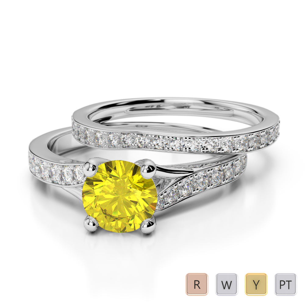 Gold / Platinum Round cut Yellow Sapphire and Diamond Bridal Set Ring AGDR-2011