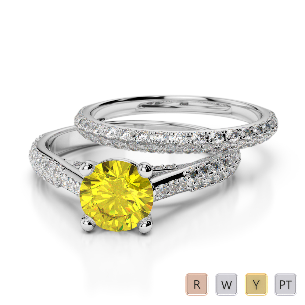 Gold / Platinum Round cut Yellow Sapphire and Diamond Bridal Set Ring AGDR-2013