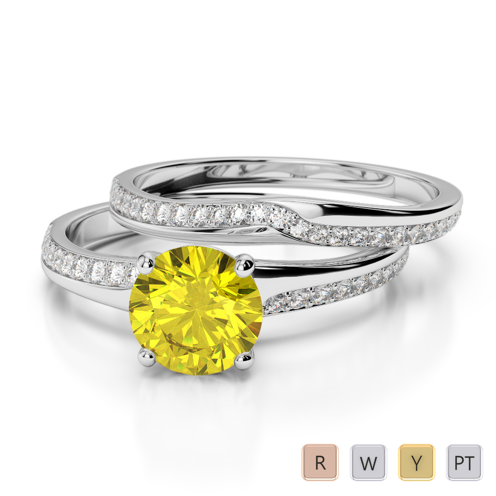 Gold / Platinum Round cut Yellow Sapphire and Diamond Bridal Set Ring AGDR-2015