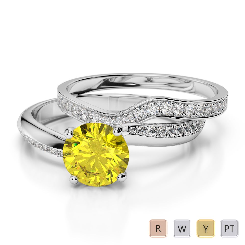 Gold / Platinum Round cut Yellow Sapphire and Diamond Bridal Set Ring AGDR-2017