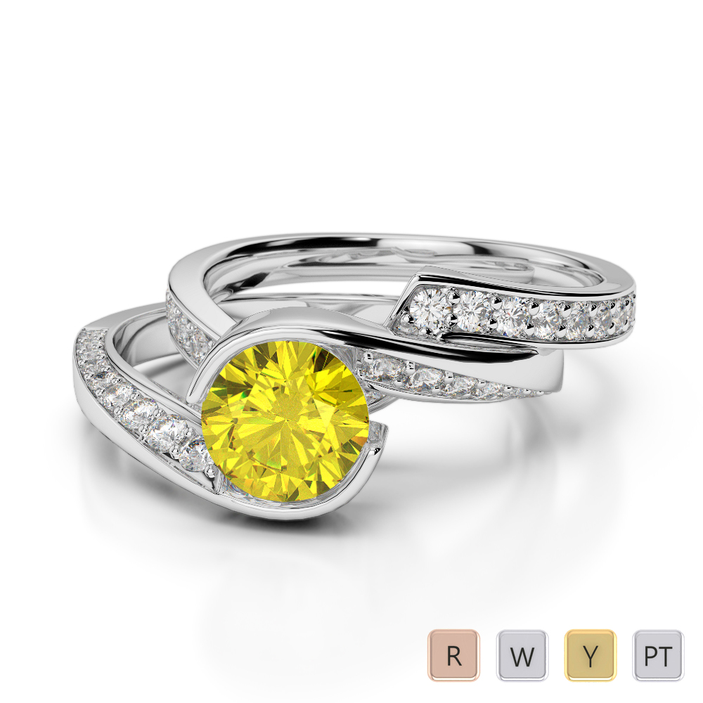 Gold / Platinum Round cut Yellow Sapphire and Diamond Bridal Set Ring AGDR-2019