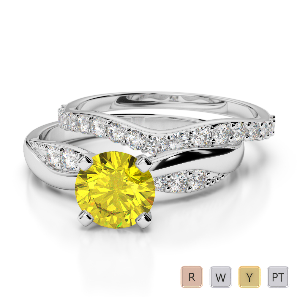 Gold / Platinum Round cut Yellow Sapphire and Diamond Bridal Set Ring AGDR-2023