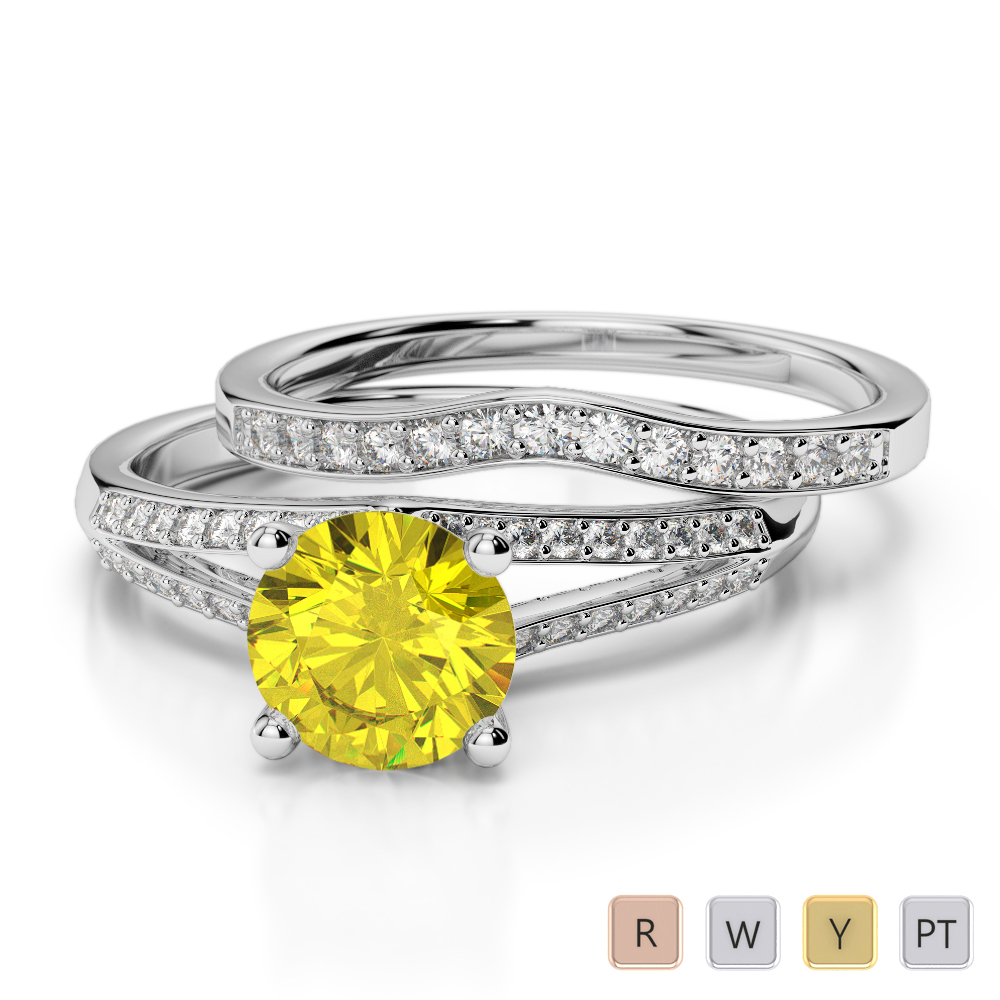 Gold / Platinum Round cut Yellow Sapphire and Diamond Bridal Set Ring AGDR-2037