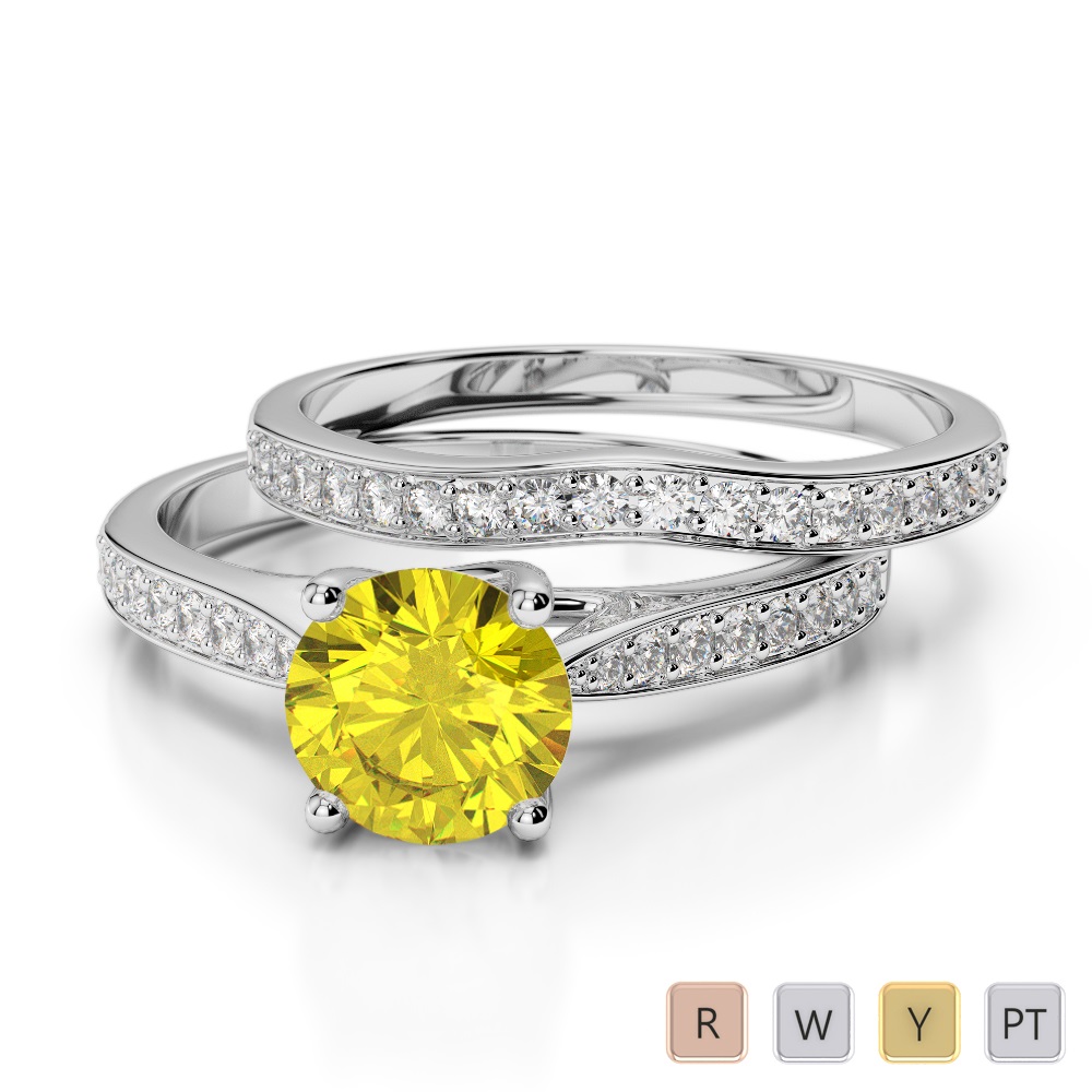 Gold / Platinum Round cut Yellow Sapphire and Diamond Bridal Set Ring AGDR-2053