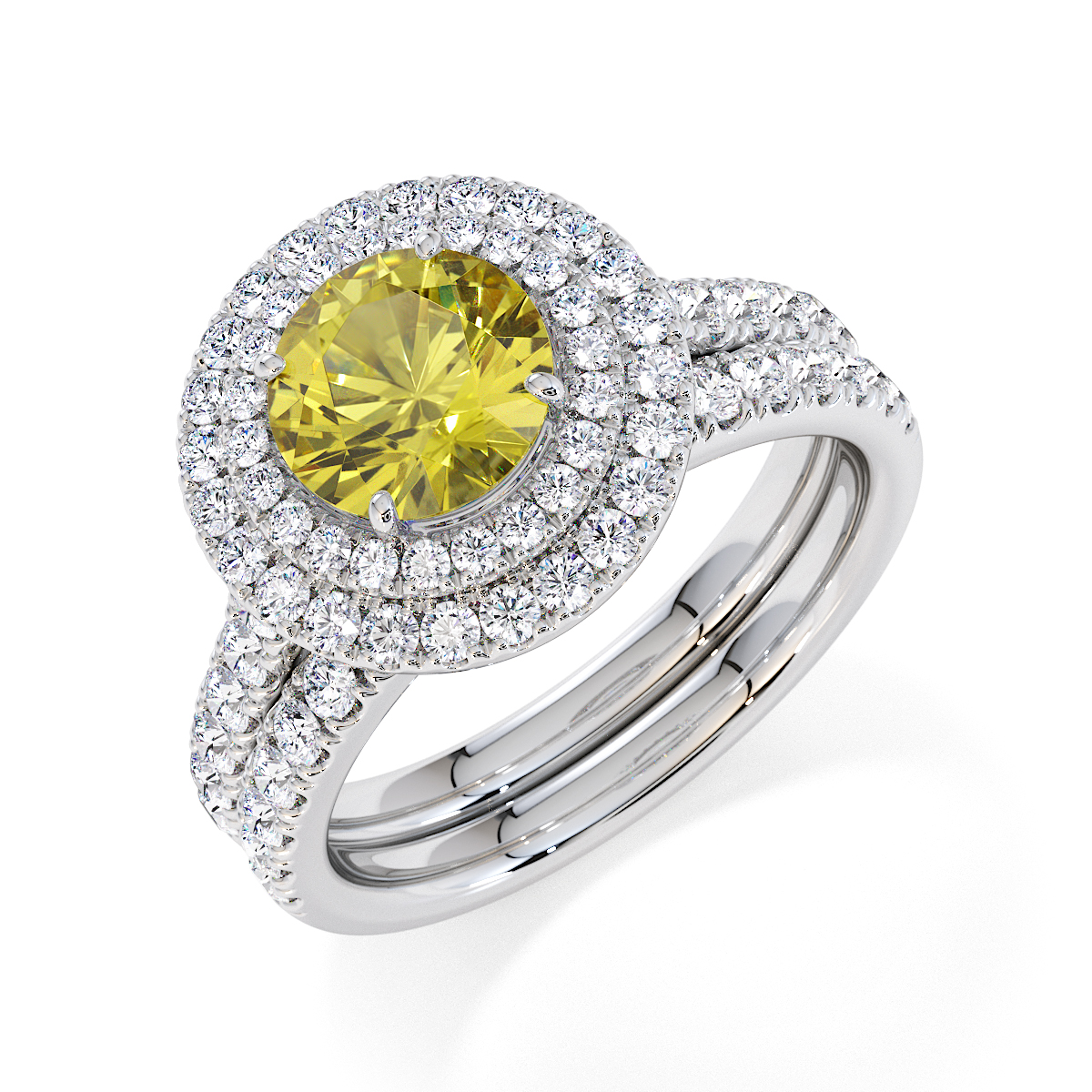 Round Lab Yellow Sapphire and Diamond Engagement Ring in Gold / Platinum