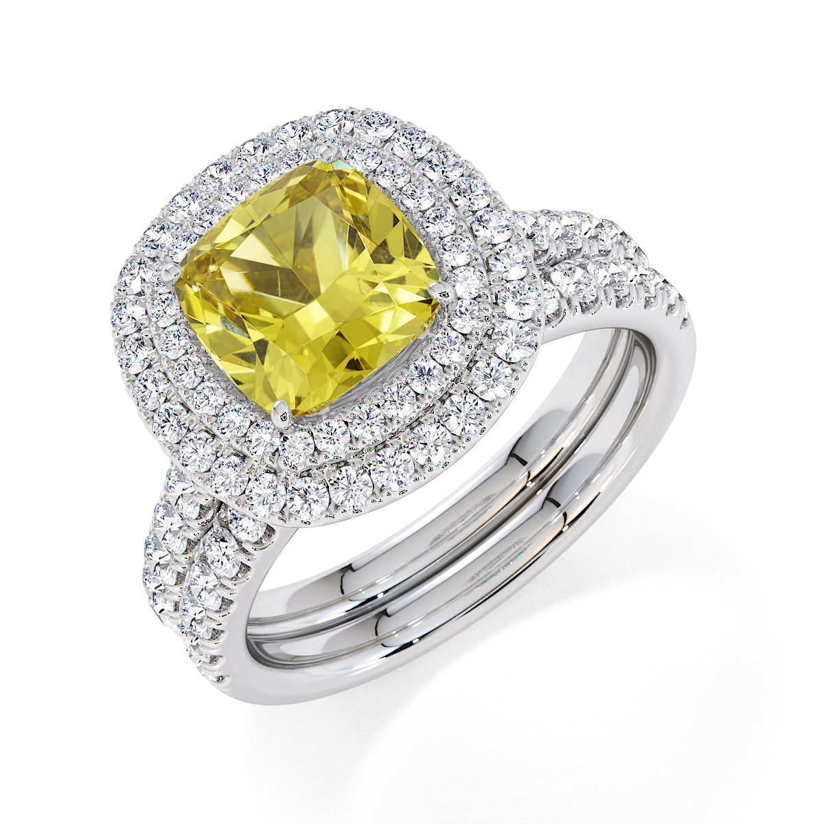 Cushion Lab Yellow Sapphire and Diamond Engagement Ring in Gold / Platinum