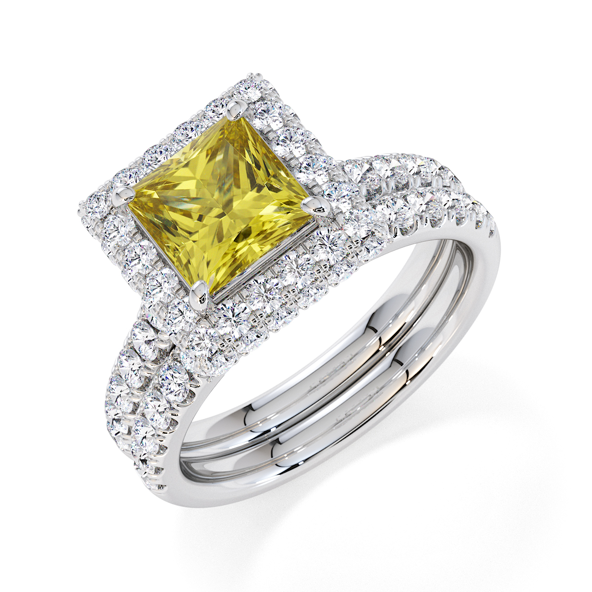 Princess Lab Yellow Sapphire and Diamond Engagement Ring in Gold / Platinum