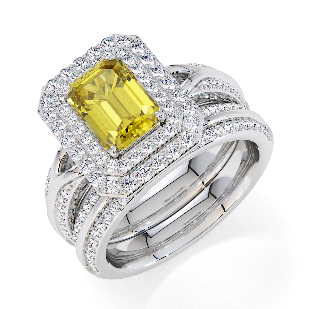 Emerald Lab Yellow Sapphire and Diamond Engagement Ring in Gold / Platinum