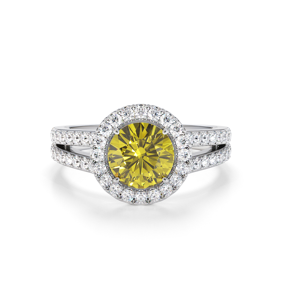Round Lab Yellow Sapphire and Diamond Engagement Ring in Gold / Platinum