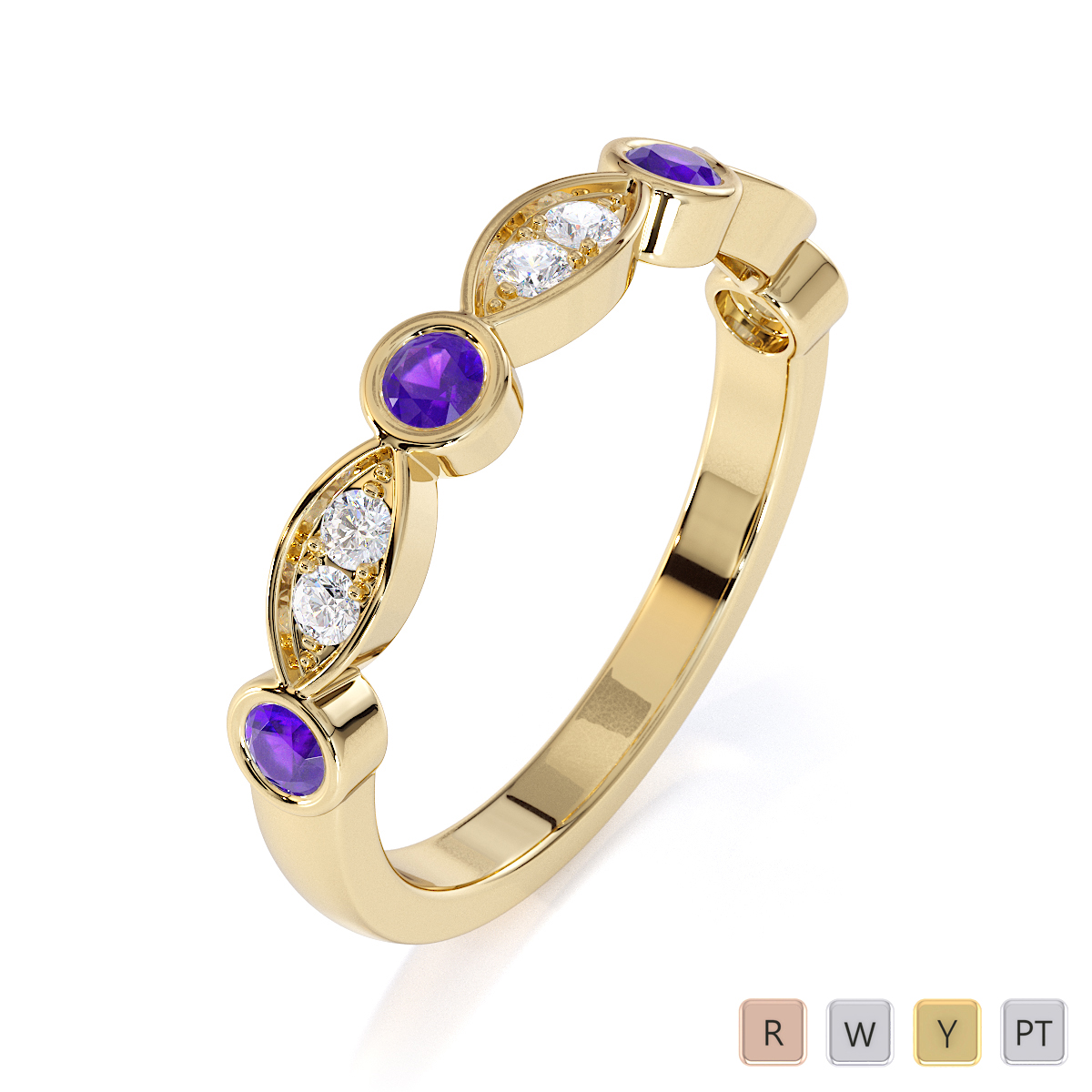 Gold / Platinum Amethyst and Diamond Half Eternity Ring RZ1511