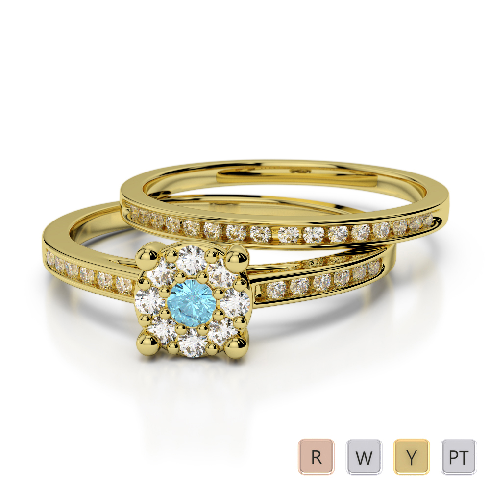Gold / Platinum Round cut Aquamarine and Diamond Bridal Set Ring AGDR-1052