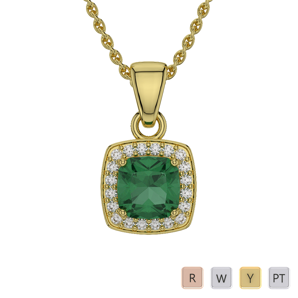 Cushion Shape Emerald and Diamond Necklaces in Gold / Platinum AGDNC-1061