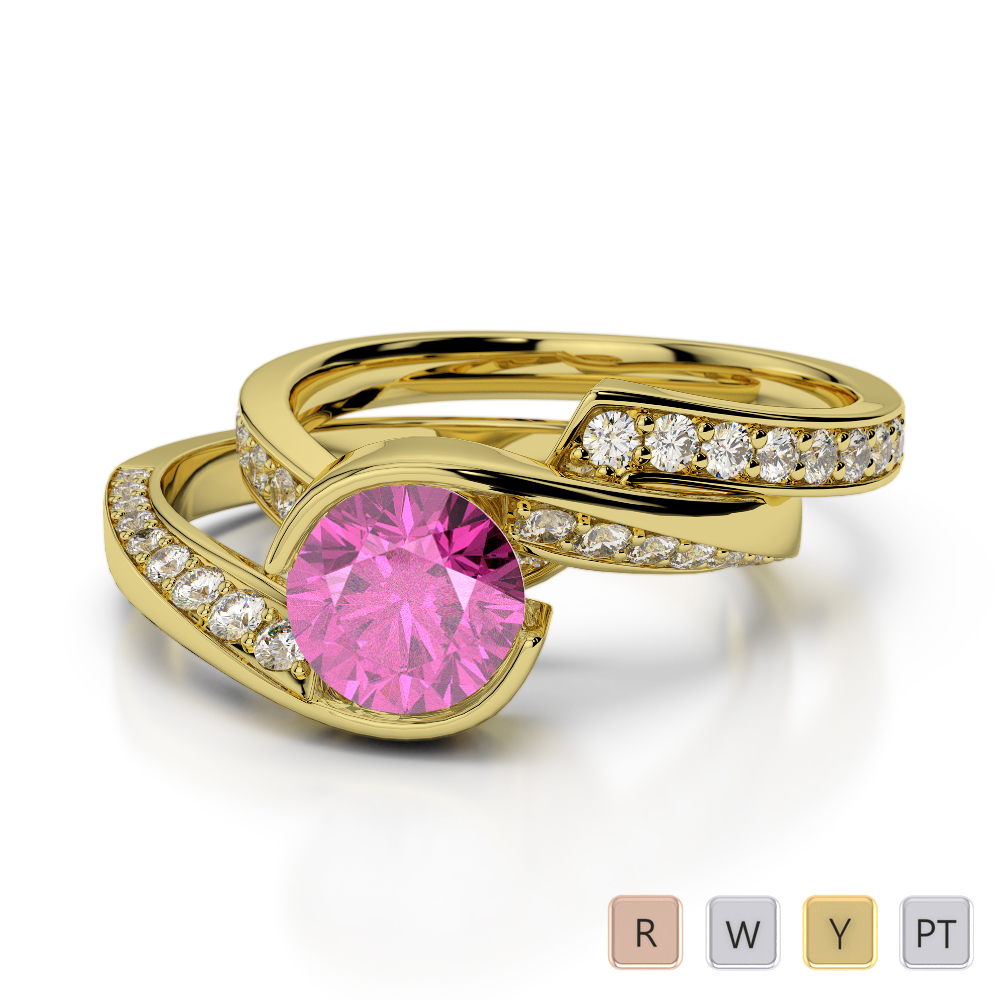 Gold / Platinum Round cut Pink Sapphire and Diamond Bridal Set Ring AGDR-2019