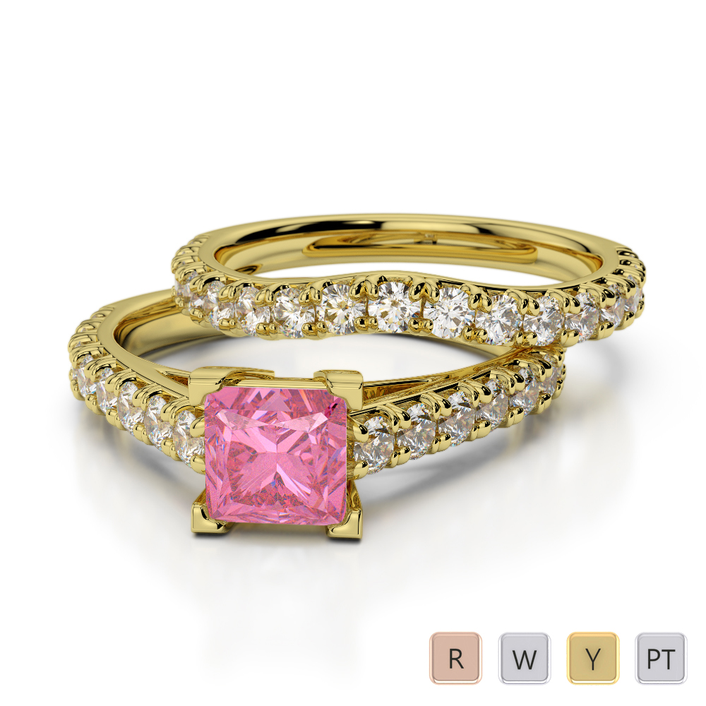 Gold / Platinum Round and Princess cut Pink Tourmaline and Diamond Bridal Set Ring AGDR-2007